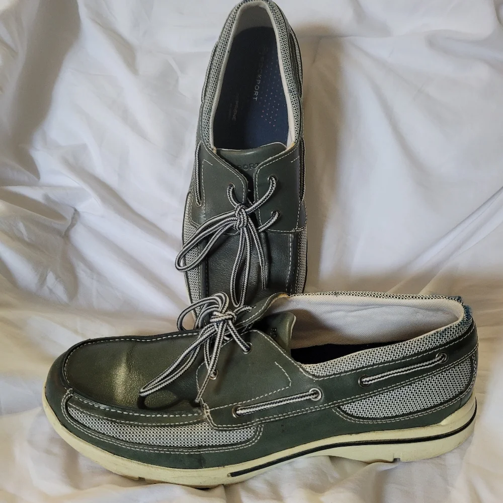 Rockport Men's Olive Green Leather & Gray Trim Boat Shoes 12